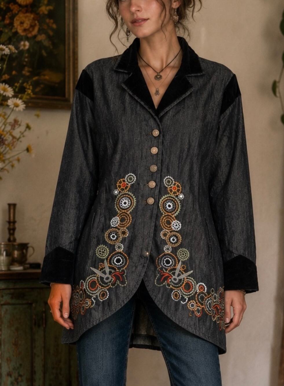 The Pyramid Collection Embroidered Denim Velvet Trim Jacket artsy Boho indie M